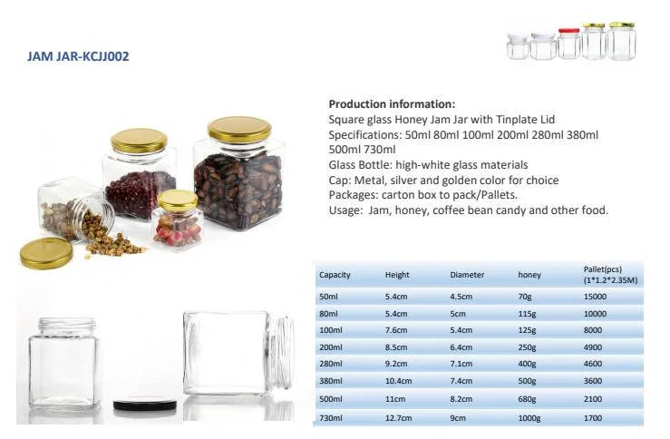Round, Square, Hexagon Shape Glass Food Packaging Jars, Honey Jar with Metal/ Plastic Lids for Packaging Honey, Jam Jars