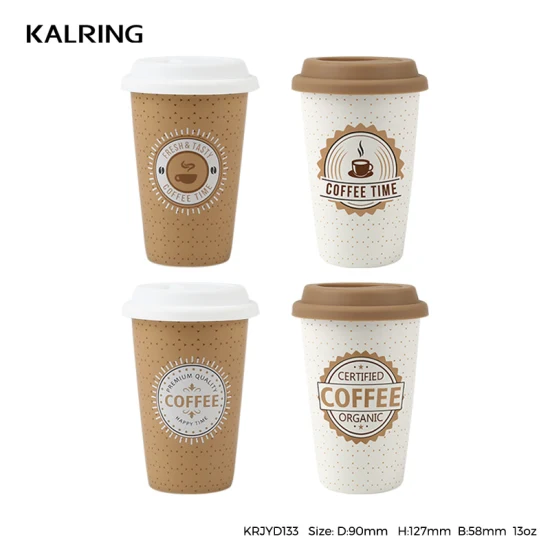 Kalring 中国卸売トラベルマット釉ブラウン紙色コーヒーデザイン Silikonhülle 13oz Reisebecher
